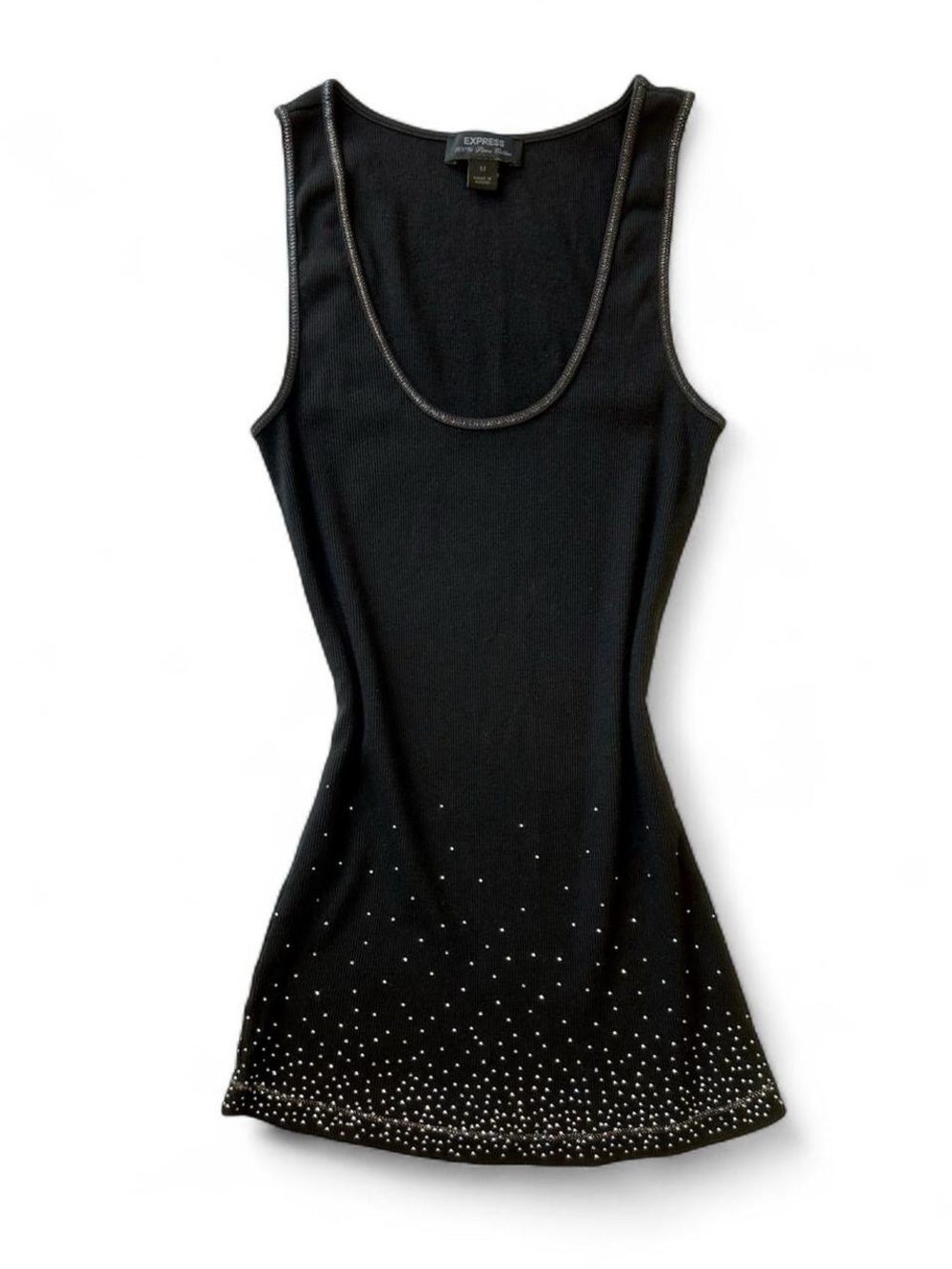 Y2K 2000s Express Bedazzled Black Scoop Neck Tank Top with Shimmery Stitching